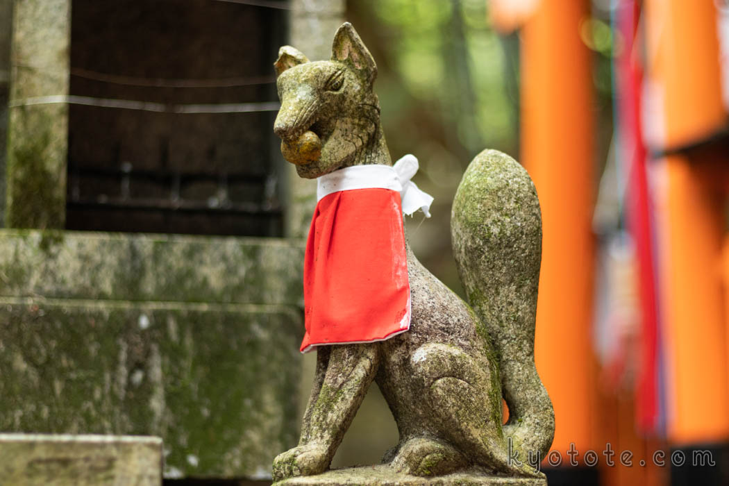 伏見稲荷大社のお塚に祀られている玉をくわえた狐